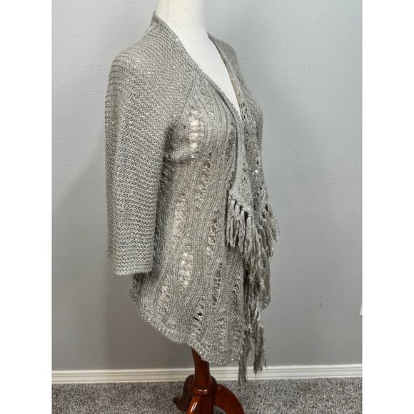 Chico's cardigan sweater metallic tam with sparkle open front fringe Sz 1 US M - Picture 4 of 8